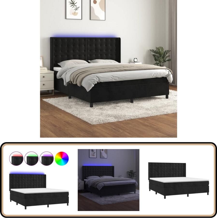 VidaXL Boxspring Met LED Fluweel Zwart 180x200 cm Boxspring Led Lamp Velvet Bed Tweepersoonsbed Groot Bed Slaapcomfort