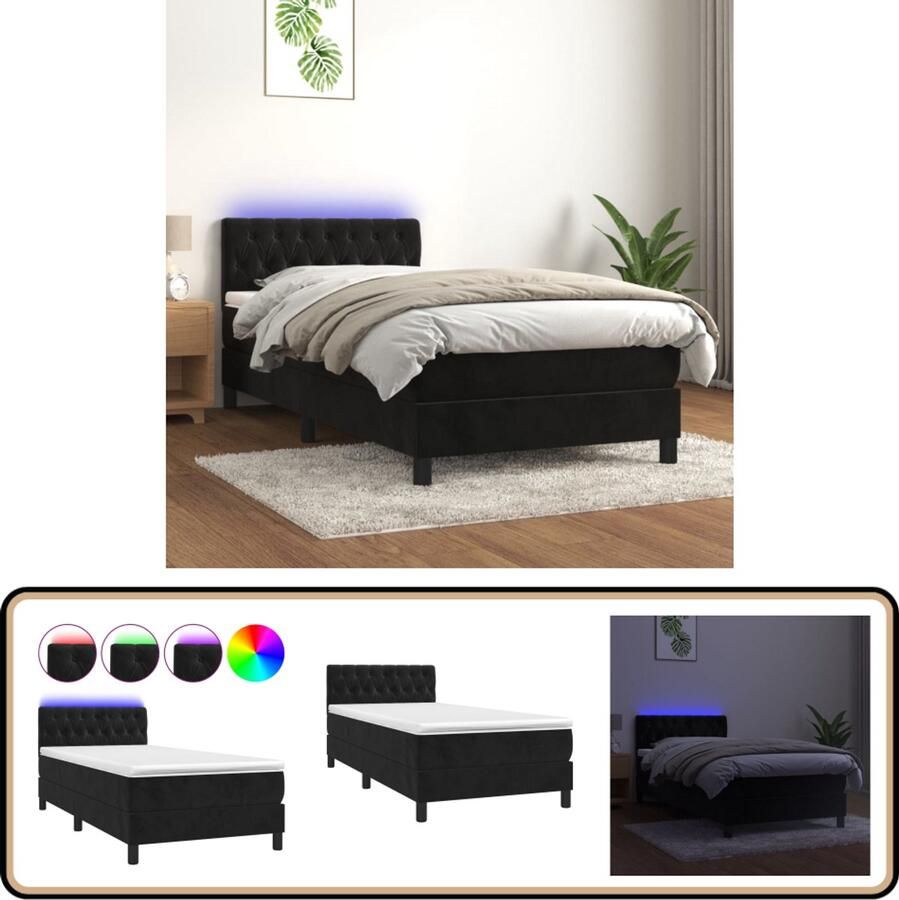 VidaXL Boxspring met LED Fluweel Zwart 90x200 cm Boxspring Velvet Bed Led Lampje Pocketveer Matras Hoofdbord Slaapcomfort