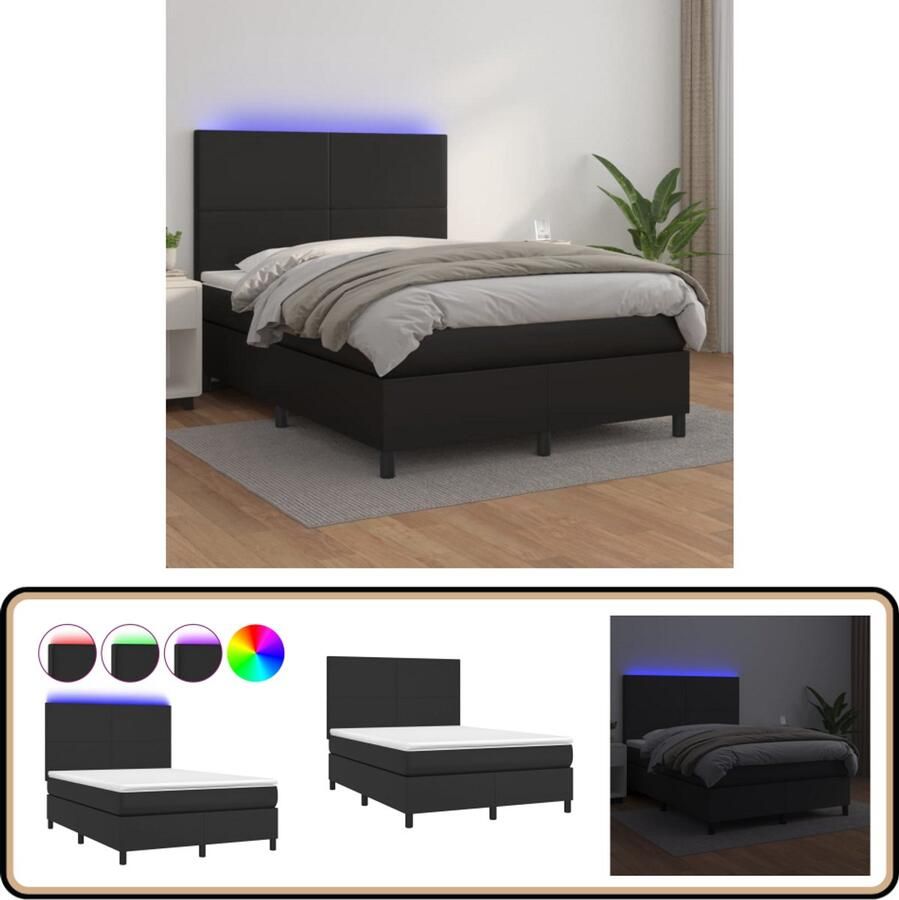VidaXL Boxspring Kunstleer 140x190 cm Zwart Boxspring Led Bed Kunstleder Bed Tweepersoons Bed King Size Bed Hoofdbord Pocketveer Matras Huidgevend
