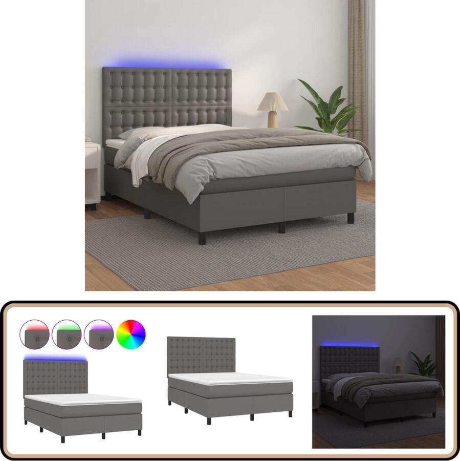VidaXL Boxspring met LED Kunstleer 140x200 cm Boxspring Lederlook Bed Verstelbare Hoofdbord Led Verlichting Pocketveer Matras