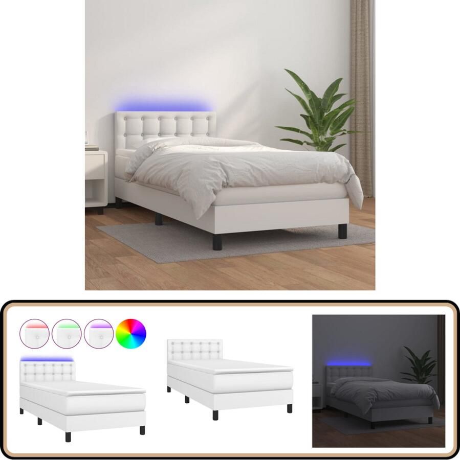 VidaXL Boxspring met LED en Matras Wit 90x190 cm Boxspring Bed Led Lamp Kunstleder Bed Pocketed Spring Mattress Hoofdbord Verstelbaar Slaapcomfort