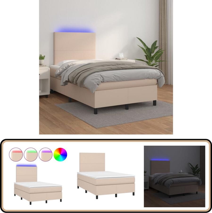 VidaXL Boxspring met LED Kunstleer Cappuccino 120x200cm Boxspring Bed Leder Look Led Lamp Kapstok Slaapcomfort