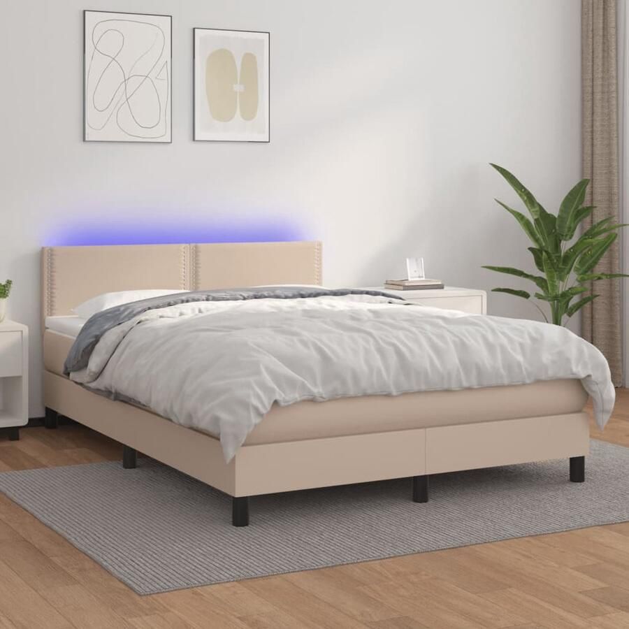 VidaXL Boxspring met LED Kunstleer Cappuccino 140x200 cm Boxspring Slaapcomfort Led Lamp Kapstok Bedroom Furniture Bruine Bank - Foto 2
