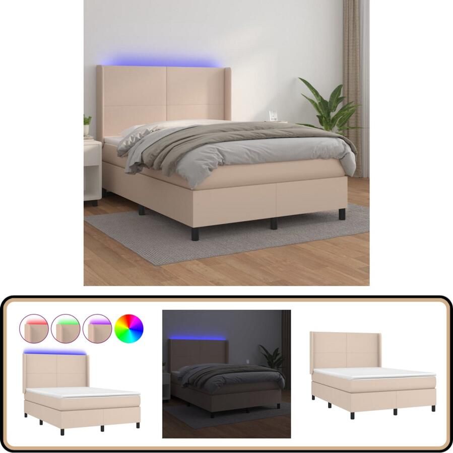 VidaXL Boxspring met LED Kunstleer Cappuccino 140x200cm Boxspring Lederlook Led Lampen Kapstok Tweepersoonsbed Bedroom Furniture Slaapcomfort Nachtlicht