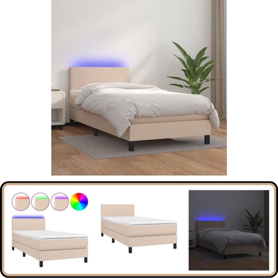 VidaXL Boxspring Kunstleer Cappuccino 90x190 cm Met LED Boxspring Bed Kapstok Lederlook Led Lamp Bedroom Furniture Tweepersoonsbed King Size Bed