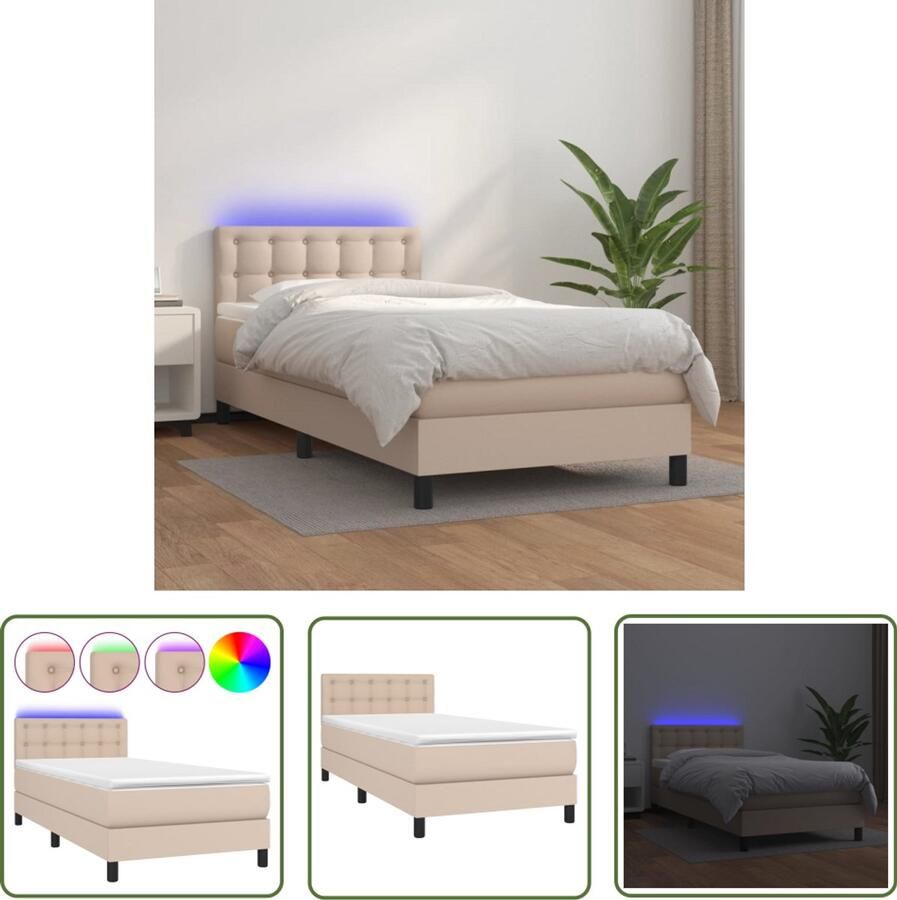 VidaXL Boxspring met LED Kunstleer Cappuccino 80x200 cm Boxspring Lederlook Kapstok Tweepersoonsbed Bruine Bank Bedroom Furniture Slaapkamers