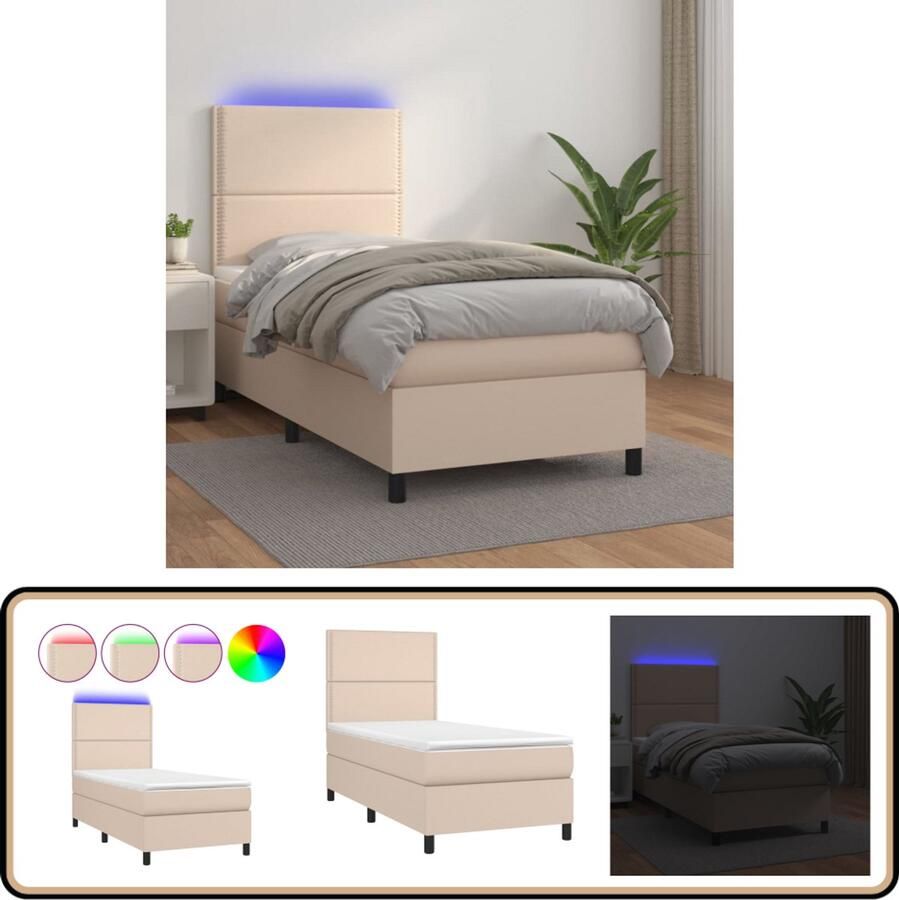 VidaXL Boxspring met LED Cappuccino 100x200cm Boxspring Led Bed Kapstok Bruine Bed Lederlook Bed