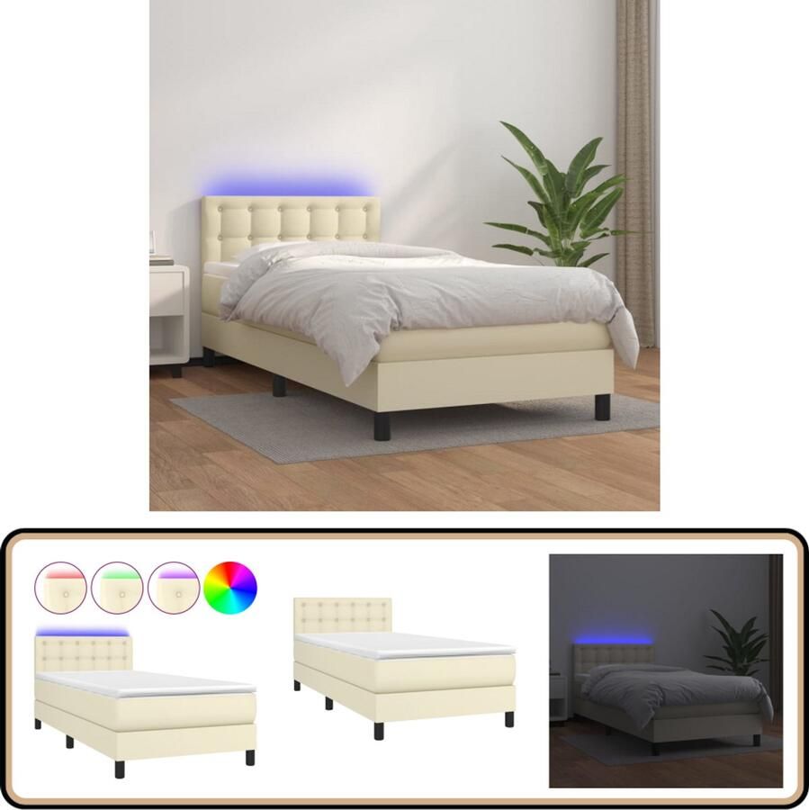 VidaXL Boxspring met LED Kunstleer crème 100x200 cm Boxspring Lederlook Bed Hoofdbord Verstellen Led Lampje Pocketveer Matras