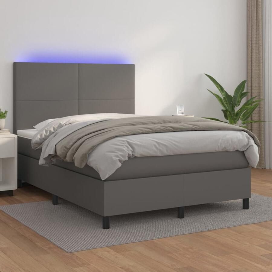 VidaXL Boxspring met LED Kunstleer Grijs 140x200 cm Boxspring Set Boxspring Led Lamp Kunstleder Bed Tweepersoons Bed Slaapcomfort Bedroom Decor - Foto 2