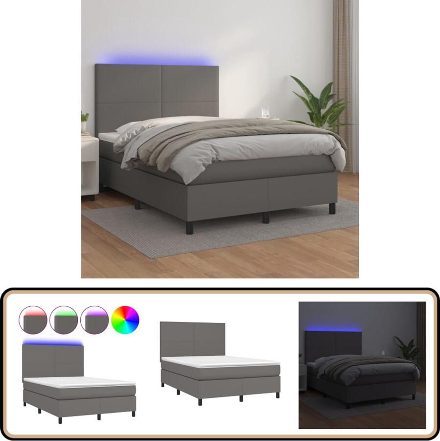 VidaXL Boxspring met LED Kunstleer Grijs 140x200 cm Boxspring Set Boxspring Led Lamp Kunstleder Bed Tweepersoons Bed Slaapcomfort Bedroom Decor