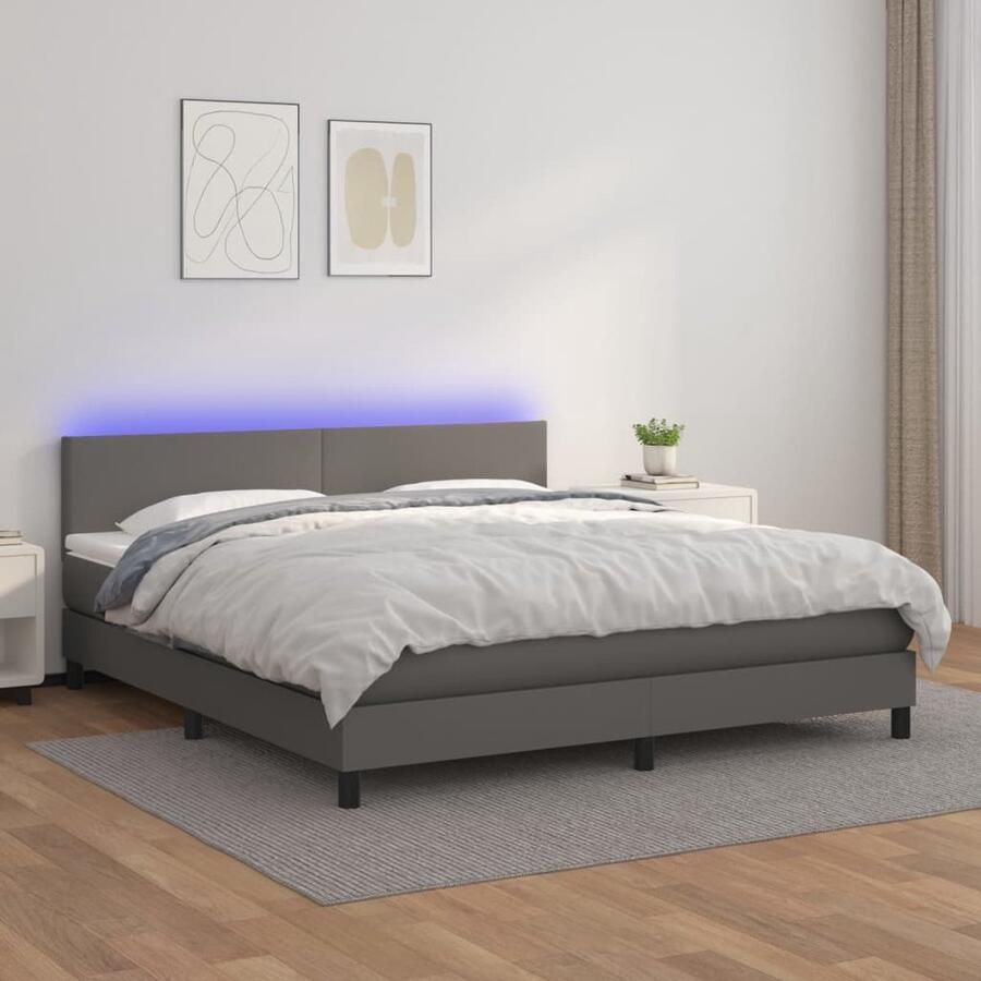 VidaXL Boxspring Kunstleer Grijs 180x200 cm Boxspring Led Bed Kunstleder Bed Tweepersoons Bed Groot Bed Slaapcomfort Design Bed Bedroom Furniture - Foto 2