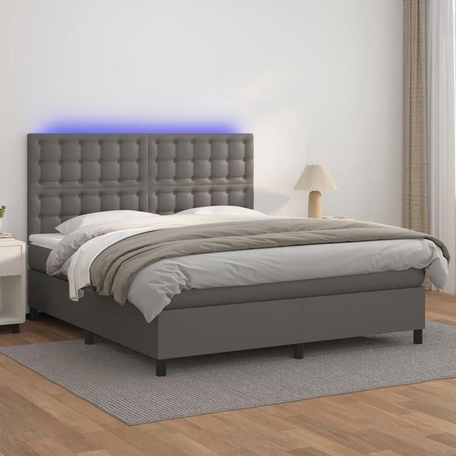 VidaXL Boxspring met LED Kunstleer Grijs 160x200 cm Boxspring Lederlook Bed Led Lampen Tweepersoonsbed King Size Bed Bedroom Furniture Slaapkamer Meubilair - Foto 2
