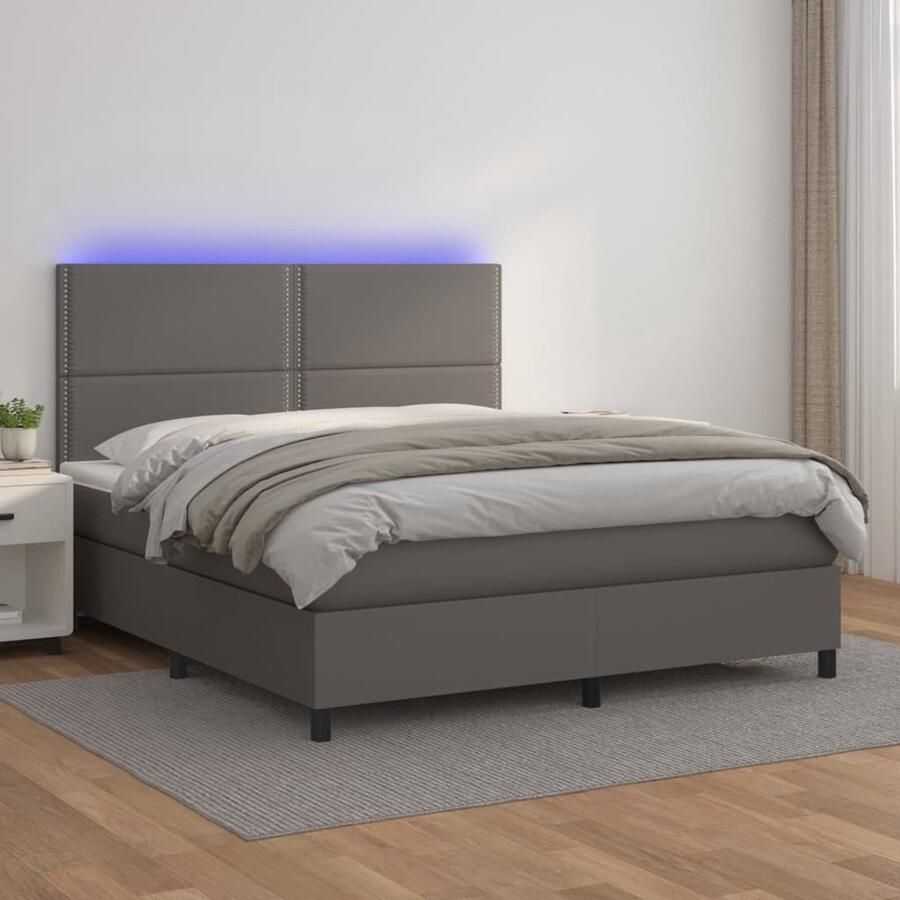 VidaXL Boxspring Kunstleer Grijs LED 160x200 cm Boxspring Bed Lederlook Bed Led Bed Elektrisch Bed Hoofdbord Regulier Tweepersoonsbed - Foto 2