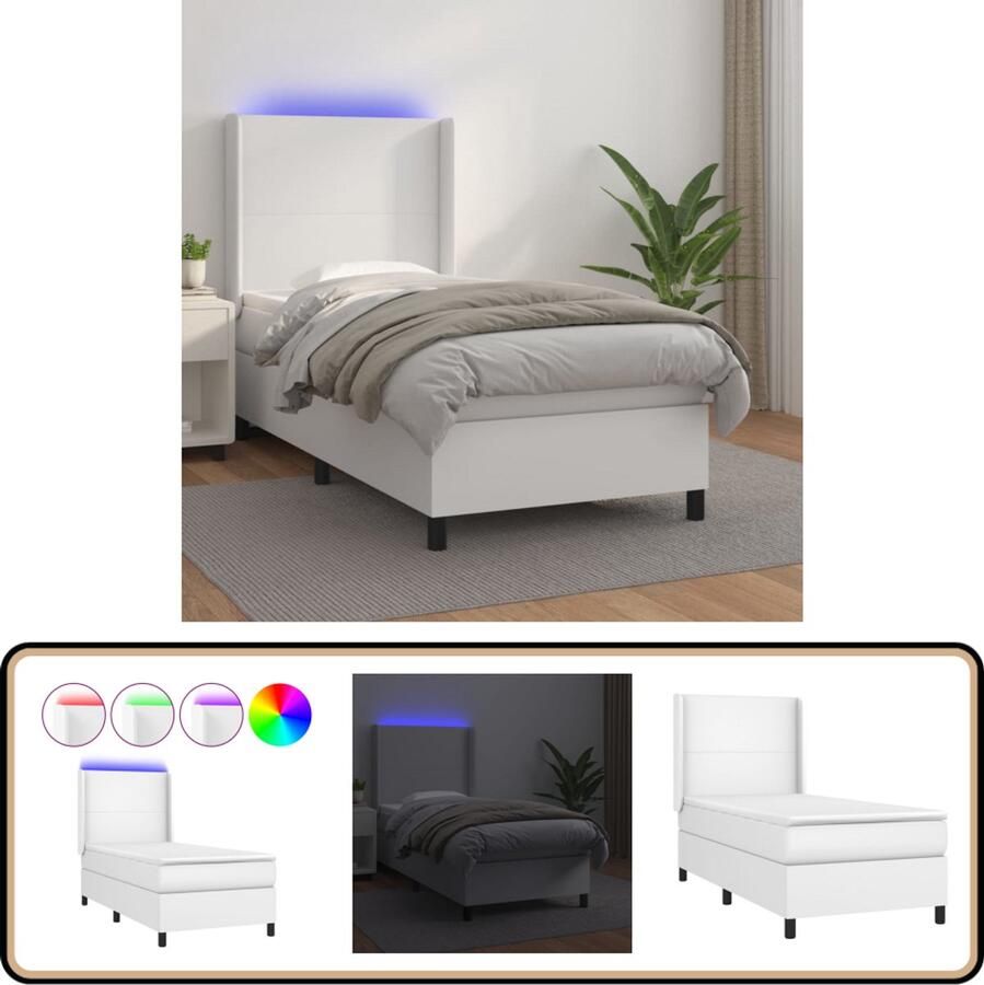 VidaXL Boxspring met LED Kunstleer Wit 90x200 cm Boxspring Bed Led Bed Kunstleder Bed Verstelbare Hoofdbord Pocketed Veermatras Slaapcomfort Bedroom Furniture
