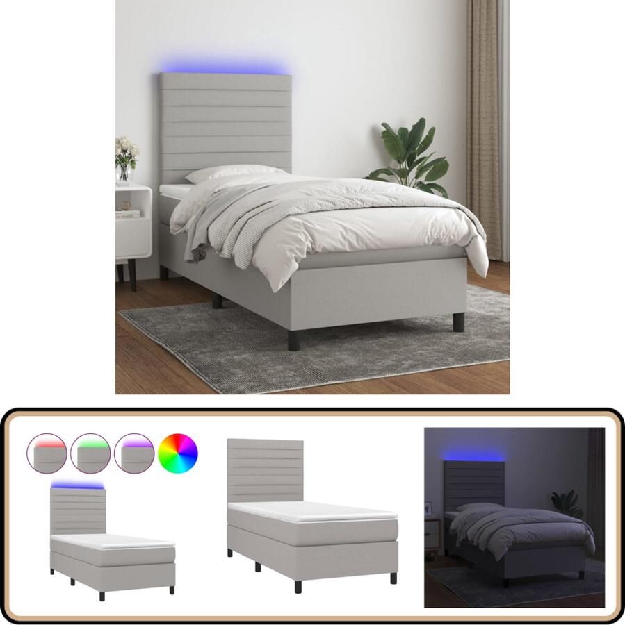 VidaXL Boxspring met matras en LED Stof 90x200 cm Boxspring Bed Slaapcomfort Led Verlichting Verstelbare Hoofdbord Grijs Bed