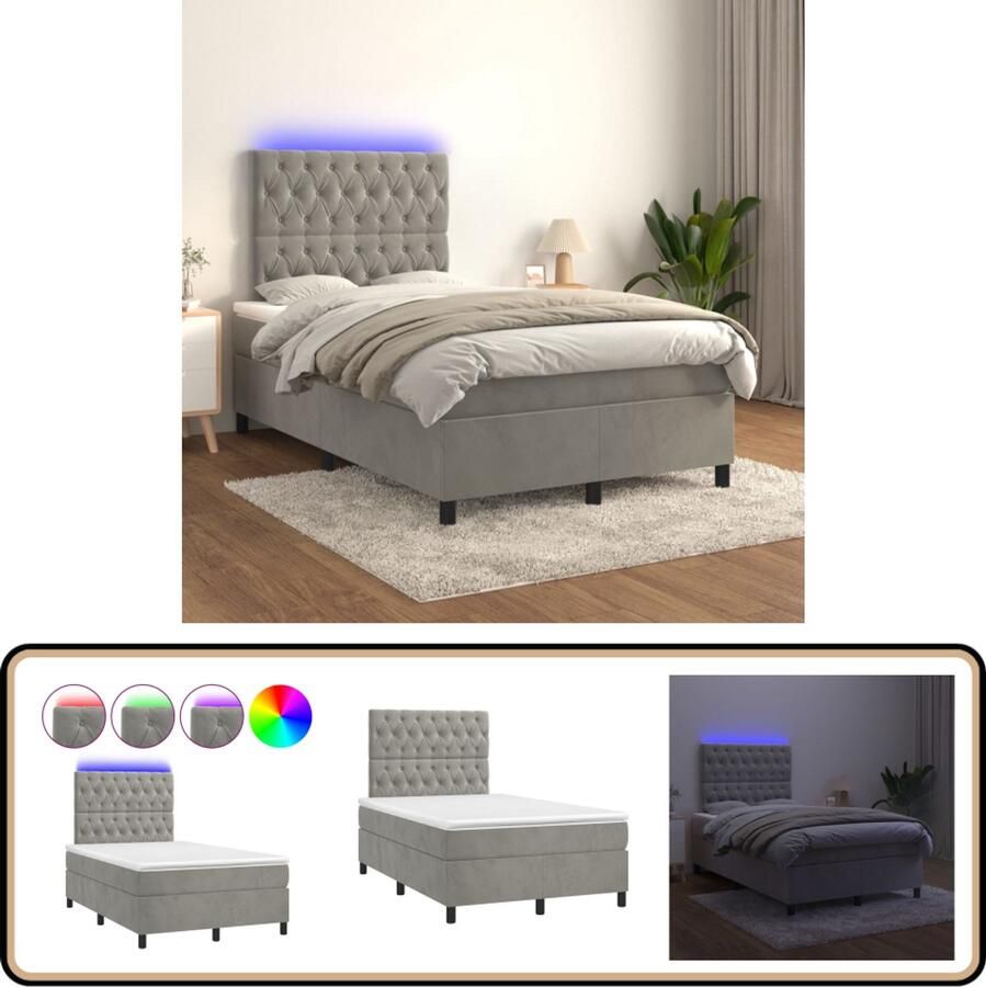 VidaXL Boxspring met LED Lichtgrijs 120x200 cm Boxspring Led Boxspring Fluweel Bed Tweepersoons Bed Verstelbare Hoofdbord
