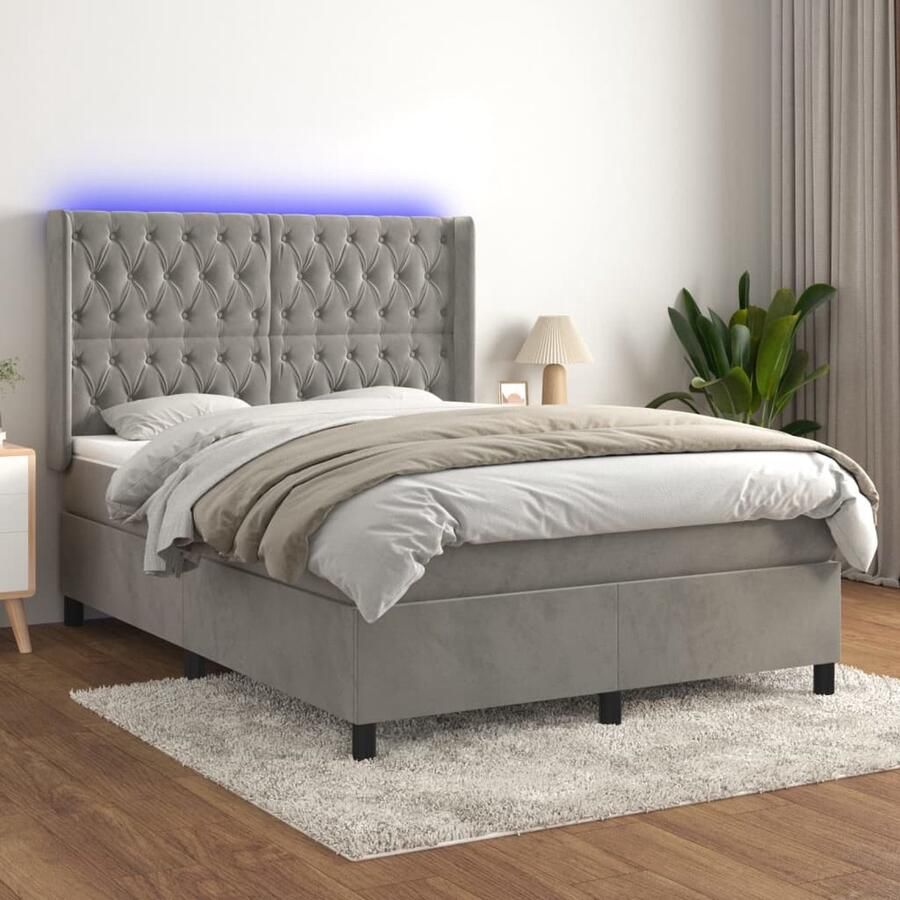 VidaXL Boxspring Lichtgrijs Fluweel 140x200 cm Boxspring Bed Fluweel Bed Verstelbare Hoofdbord Led Lamp Pocketveer Matras Huidgevend Topmatras - Foto 2