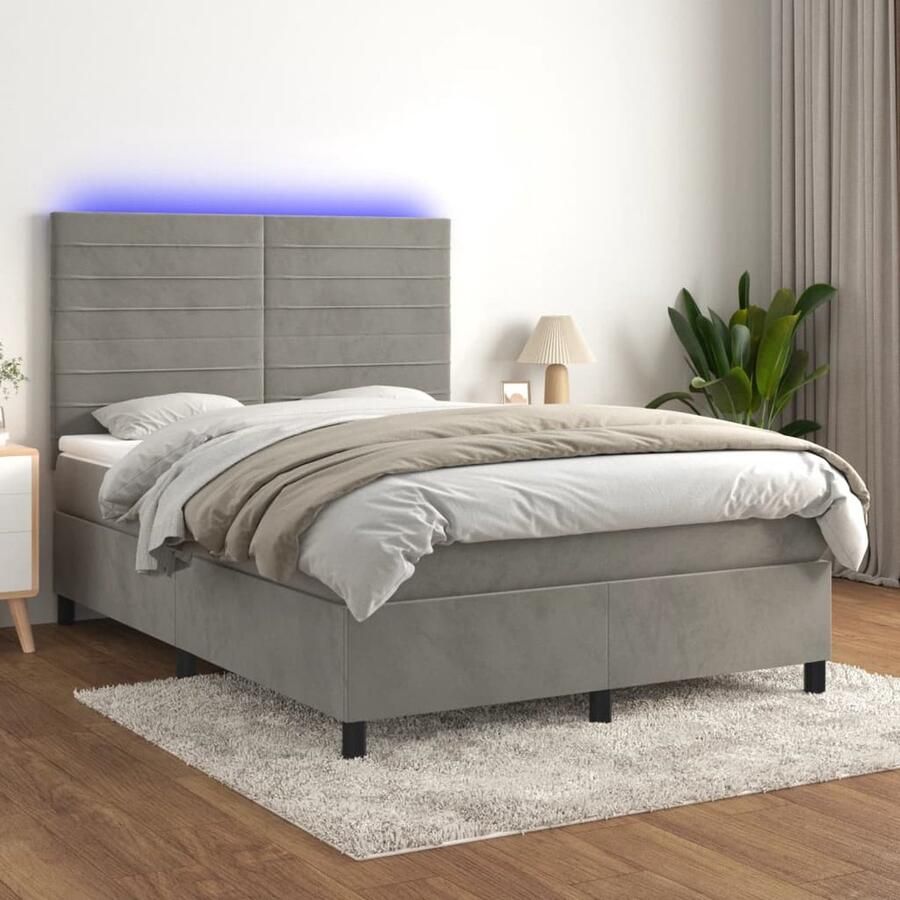 VidaXL Boxspring met LED Lichtgrijs 140x200 cm Boxspring Led Bed Velvet Bed Tweepersoons Bed King Size Bed Slaapcomfort Hoofdbord Pocketed Spring Mattress - Foto 2