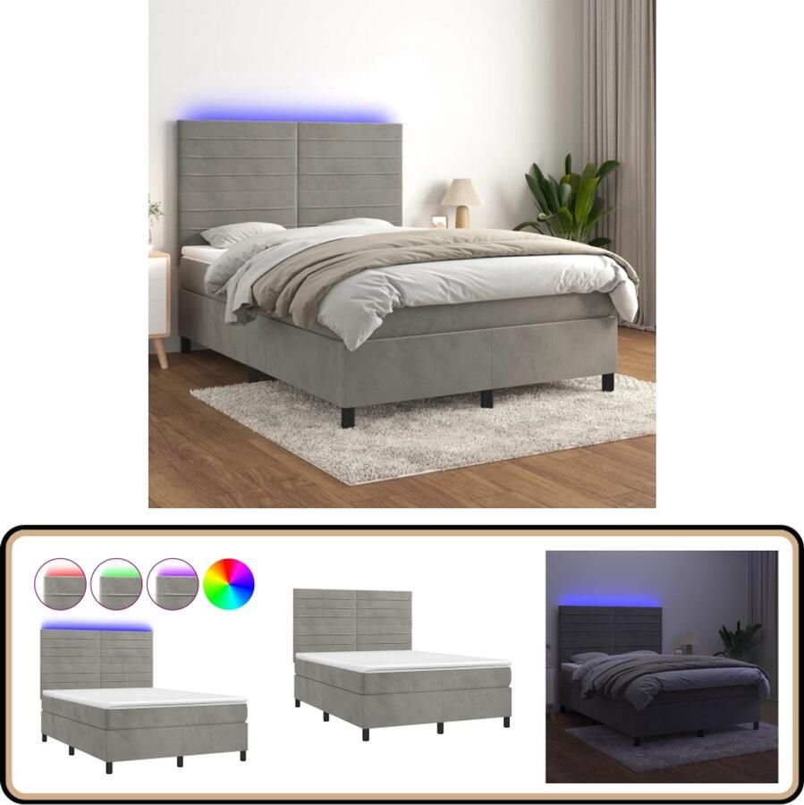 VidaXL Boxspring met LED Lichtgrijs 140x200 cm Boxspring Led Bed Velvet Bed Tweepersoons Bed King Size Bed Slaapcomfort Hoofdbord Pocketed Spring Mattress