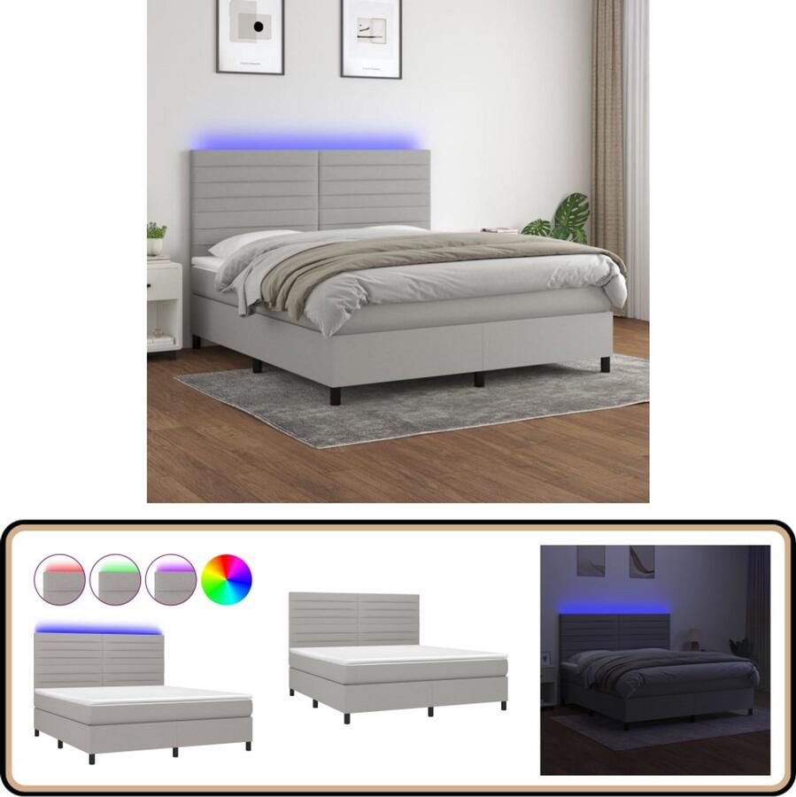 VidaXL Boxspring met LED Lichtgrijs 160x200 cm Boxspring Bed Led Lamp Pocketveer Matras Hoofdbord Grijs Bed
