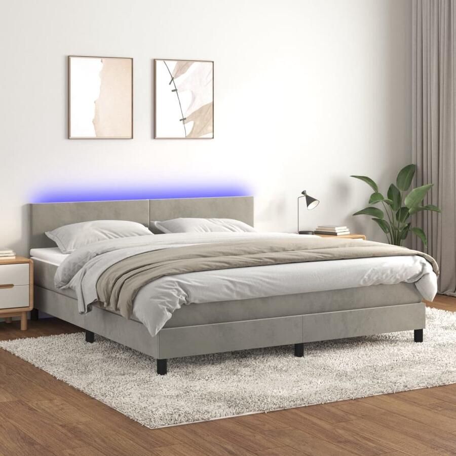 VidaXL Boxspring LED Fluweel Lichtgrijs 180x200 cm Boxspring Bed Fluweel Bed Led Bed Pocketed Spring Mattress King Size Bed Groot Bed Slaapcomfort - Foto 2