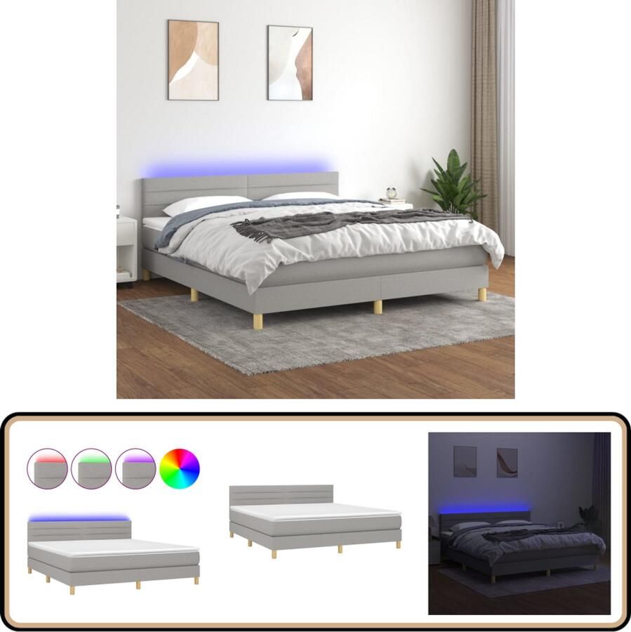 VidaXL Boxspring met LED Lichtgrijs 160x200 cm Boxspring Led Lamp Verstelbare Hoofdbord Pocketing Matras Slaapcomfort