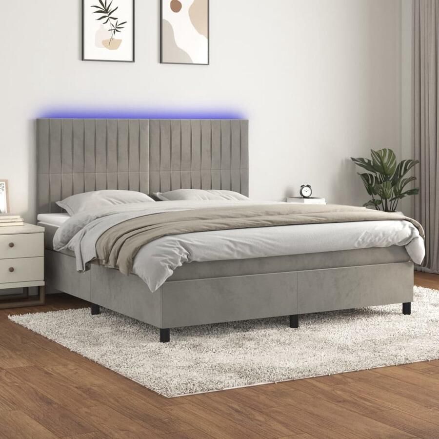 VidaXL Boxspring met LED Lichtgrijs 180x200 cm Boxspring Fluweel Bed Led Lampje Verstelbare Hoofdbord Pocketed Veren Matras Slaapcomfort - Foto 2