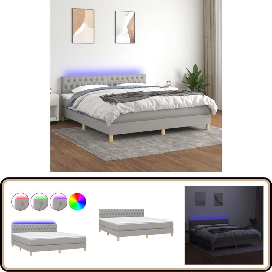 VidaXL Boxspring met LED Lichtgrijs 180x200 cm Boxspring Led Bed Boxspring Grijs Slaapcomfort Adjustable Headboard Pocketveer Matras Huidgevend Topmatras