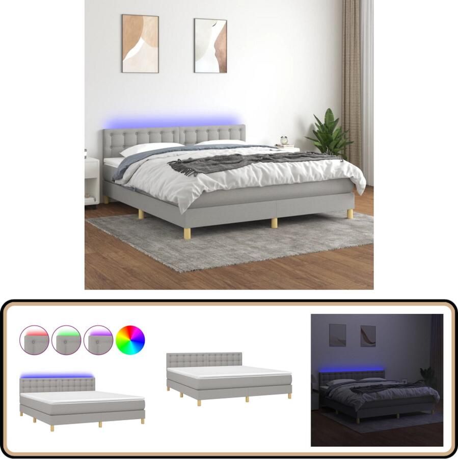 VidaXL Boxspring met LED Lichtgrijs 180x200 cm Boxspring Led Bed Premium Boxspring Slaapcomfort Slaapkamers Tweepersoonsbed Grijs Bed Pocketed Spring Mattress