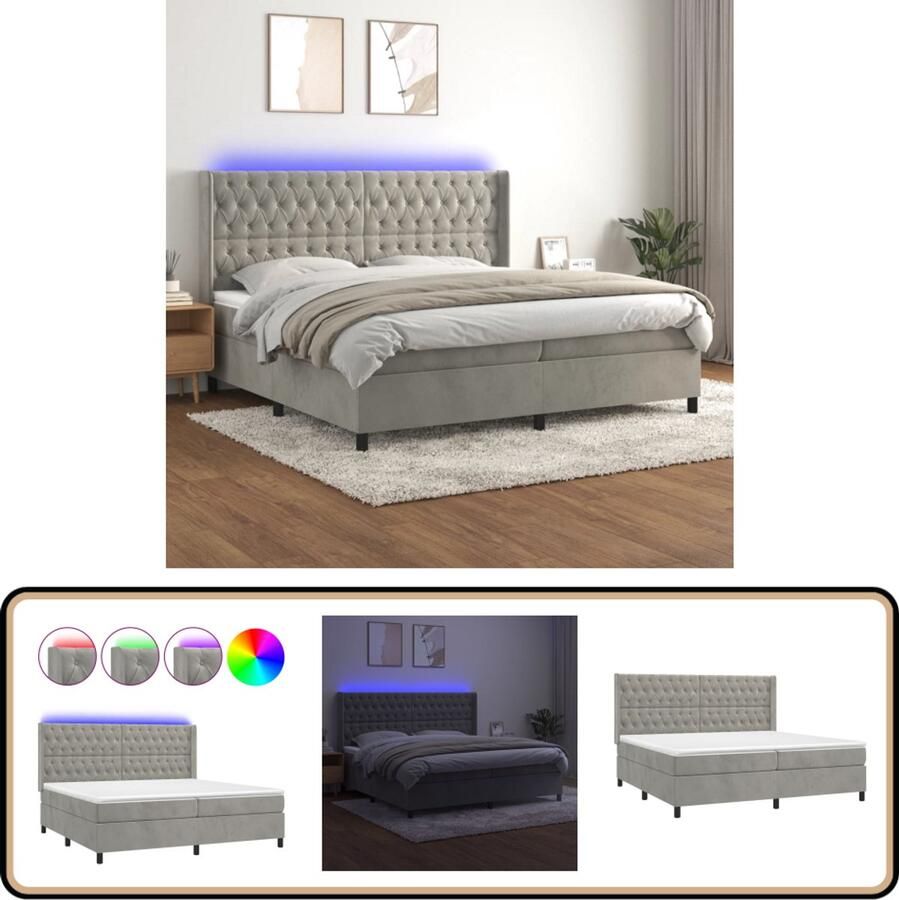 VidaXL Boxspring met LED Lichtgrijs 200x200 cm Boxspring Led Verlichting Fluweel Verstelbare Hoofdbord Pocketvering Matras Huidgevriendelijk Topmatras Tweepersoonsbed Groot