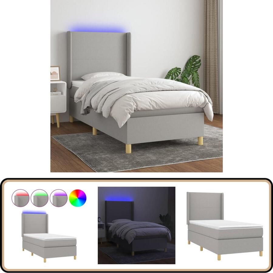 VidaXL Boxspring met LED Lichtgrijs 90x190 cm Boxspring Bed Slaapcomfort Led Verlichting Pocketed Veren Adjustable Headboard
