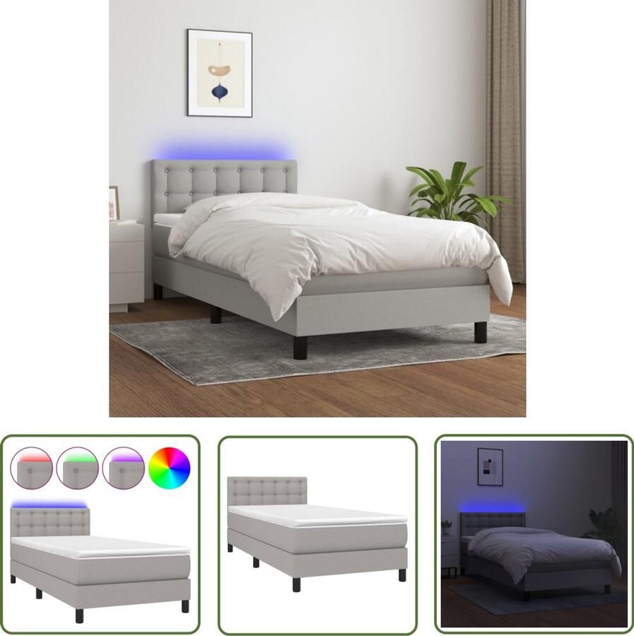 VidaXL Boxspring met LED Lichtgrijs 90x200 cm Boxspring Bed Led Bed Pocketed Spring Mattress Hoofdbord Slaapcomfort Bedroom Furniture Grijs Bed