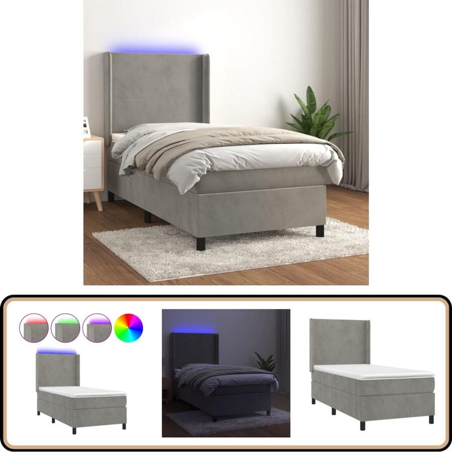 VidaXL Boxspring LED Fluweel Lichtgrijs 90x190 cm Boxspring Bed Frame Fluweel Bed Led Bed Pocketed Spring Mattress King Size Bed