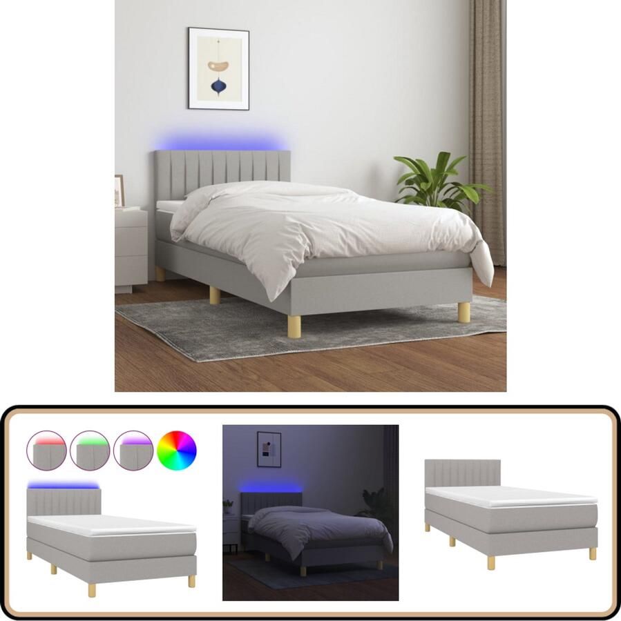 VidaXL Boxspring met LED Lichtgrijs 90x200 cm Boxspring Led Boxspring Pocketed Spring Mattress Hoofdbord Slaapcomfort Boxspring Frame Bedroom Furniture Grijs Bed King Size Bed