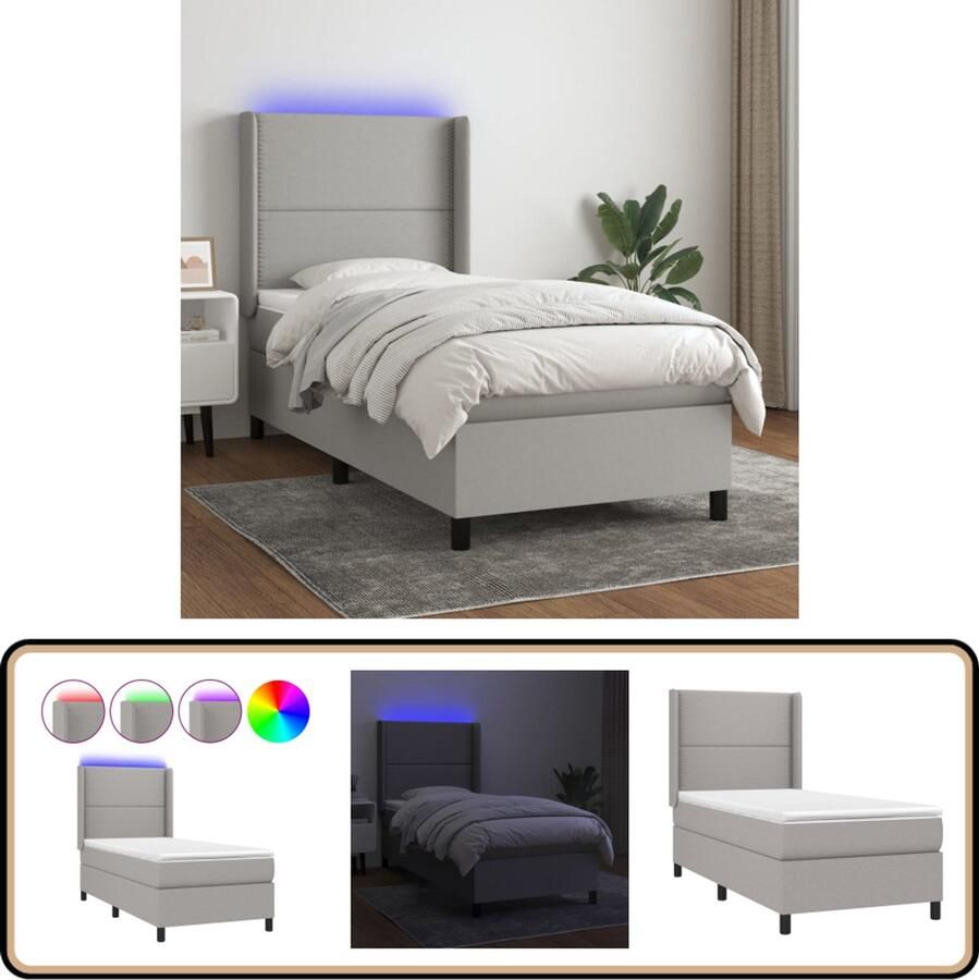 VidaXL Boxspring LED Lichtgrijs 80x200 cm Boxspring Led Lamp Slaapcomfort Pocketed Veren Lederlook Grijs Tweepersoonsbed