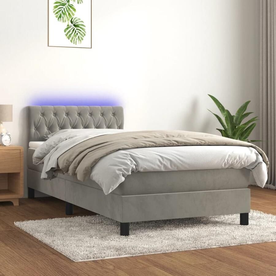 VidaXL Boxspring met LED Lichtgrijs 90x200 cm Boxspring Led Lamp Fluweel Bed Tweepersoons Bed Slaapcomfort Hoofdbord Pocketed Spring Mattress - Foto 2