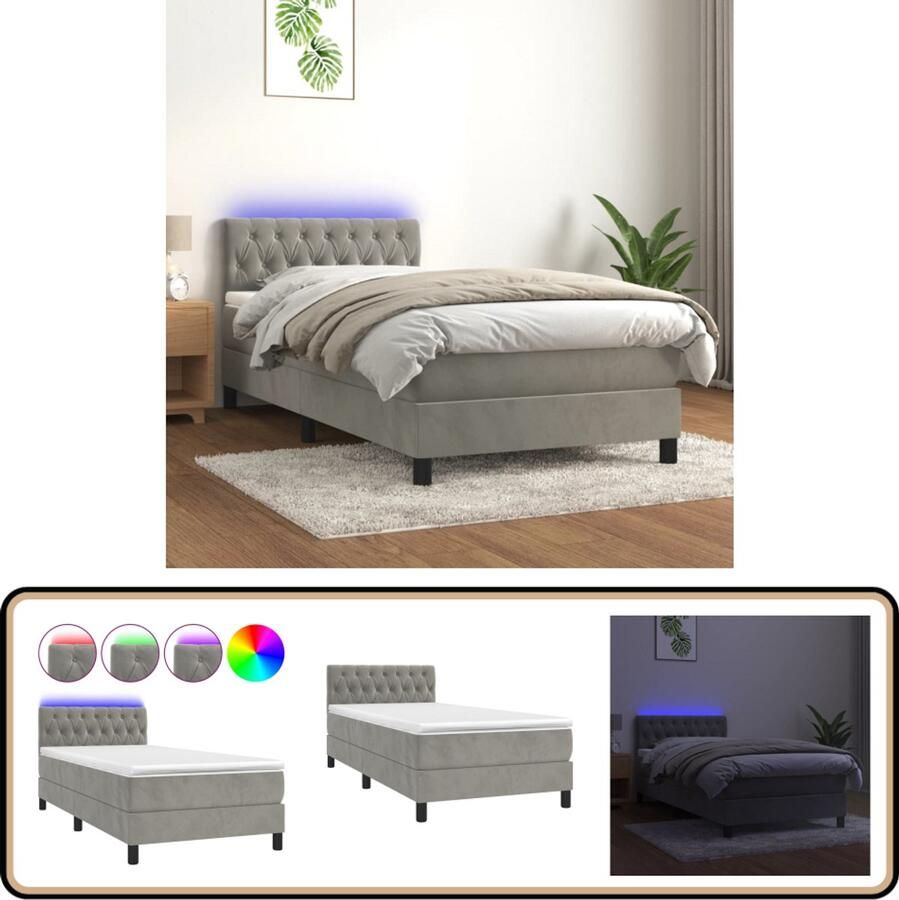 VidaXL Boxspring met LED Lichtgrijs 90x200 cm Boxspring Led Lamp Fluweel Bed Tweepersoons Bed Slaapcomfort Hoofdbord Pocketed Spring Mattress