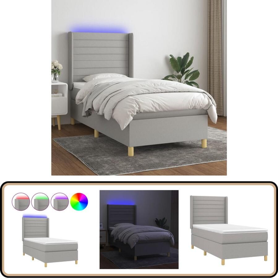VidaXL Boxspring met LED Lichtgrijs 90x200 cm Boxspring Led Lamp Slaapcomfort Tweepersoonsbed Frame Bed