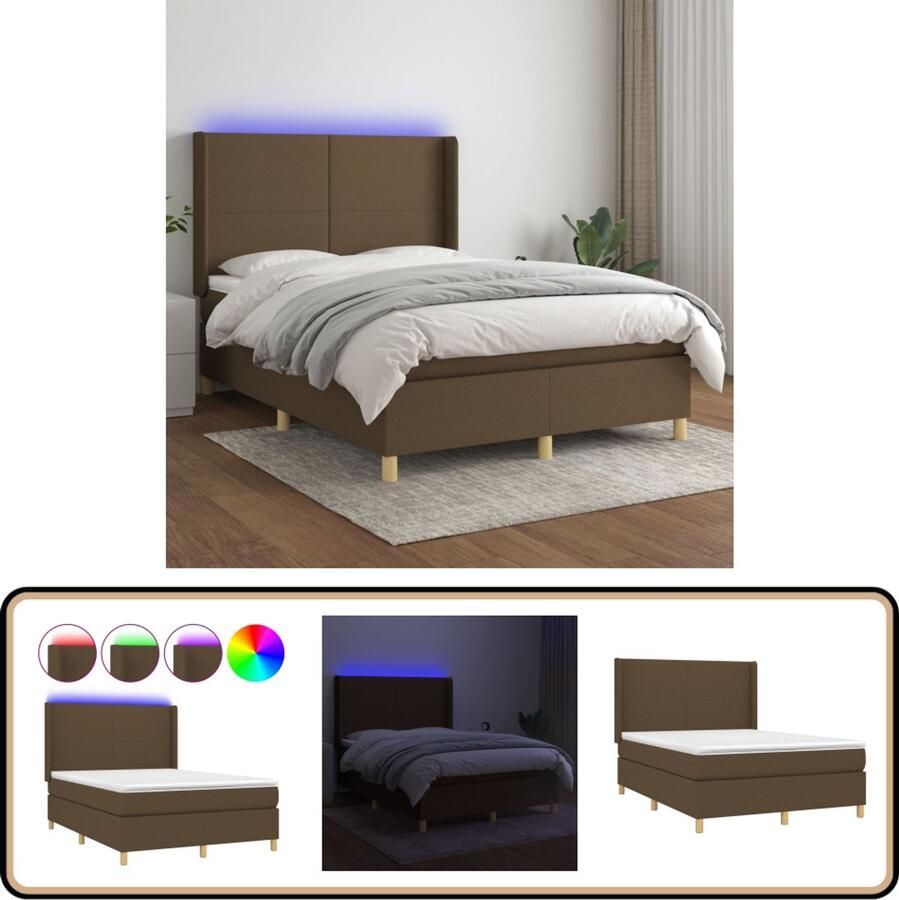 VidaXL Boxspring met LED Stof 140x200 cm Boxspring Bed Frame Donkere Bruine Bed Led Lampje Pocketed Spring Mattress Topper Slaapcomfort