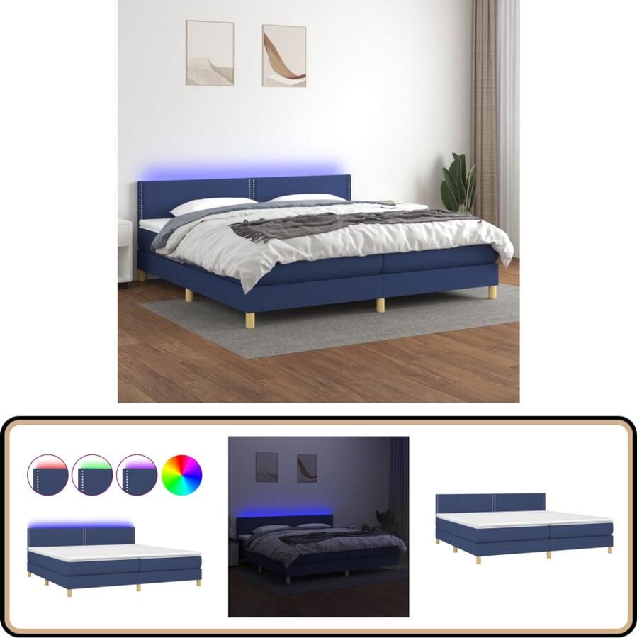 VidaXL Boxspring met LED Stof 200x200 cm Blauw Boxspring Bed Frame Led Lamp Pocketed Spring Mattress Blue Bedroom Furniture