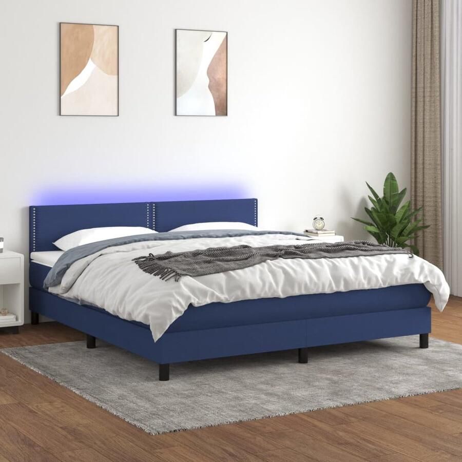 VidaXL Boxspring met LED Stof Blauw 180x200 cm Boxspring Led Lamp Pocketveer Matras Boxspring Bed Elektrisch Hoofdbord Blue Bedroom Furniture - Foto 2