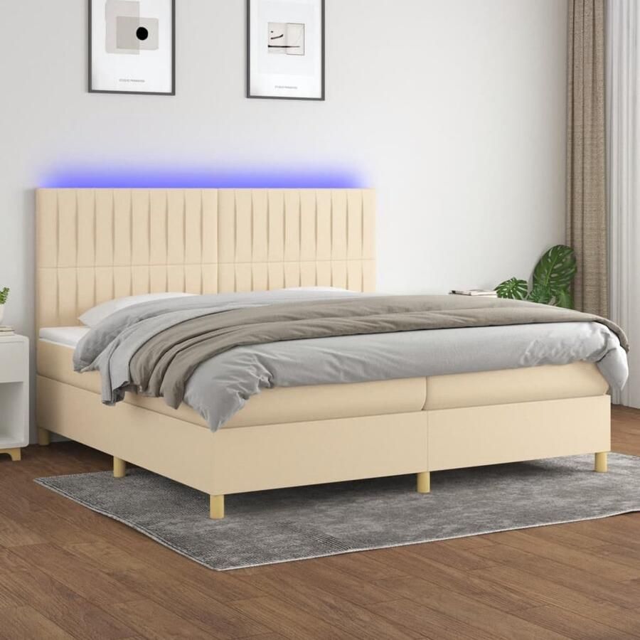 VidaXL Boxspring met LED Stof Crème 200x200 cm Boxspring Led Lamp Tweepersoonsbed Creme Kleurtone Pocketveer Matras Boxspring Frame - Foto 2