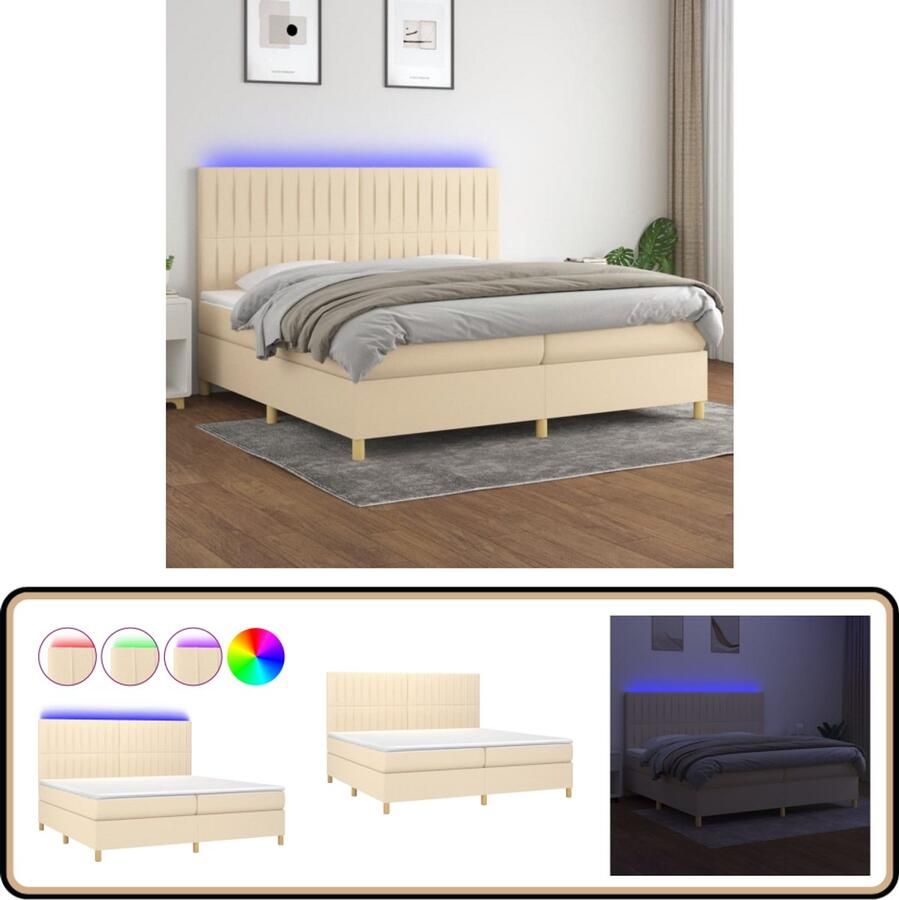 VidaXL Boxspring met LED Stof Crème 200x200 cm Boxspring Led Lamp Tweepersoonsbed Creme Kleurtone Pocketveer Matras Boxspring Frame