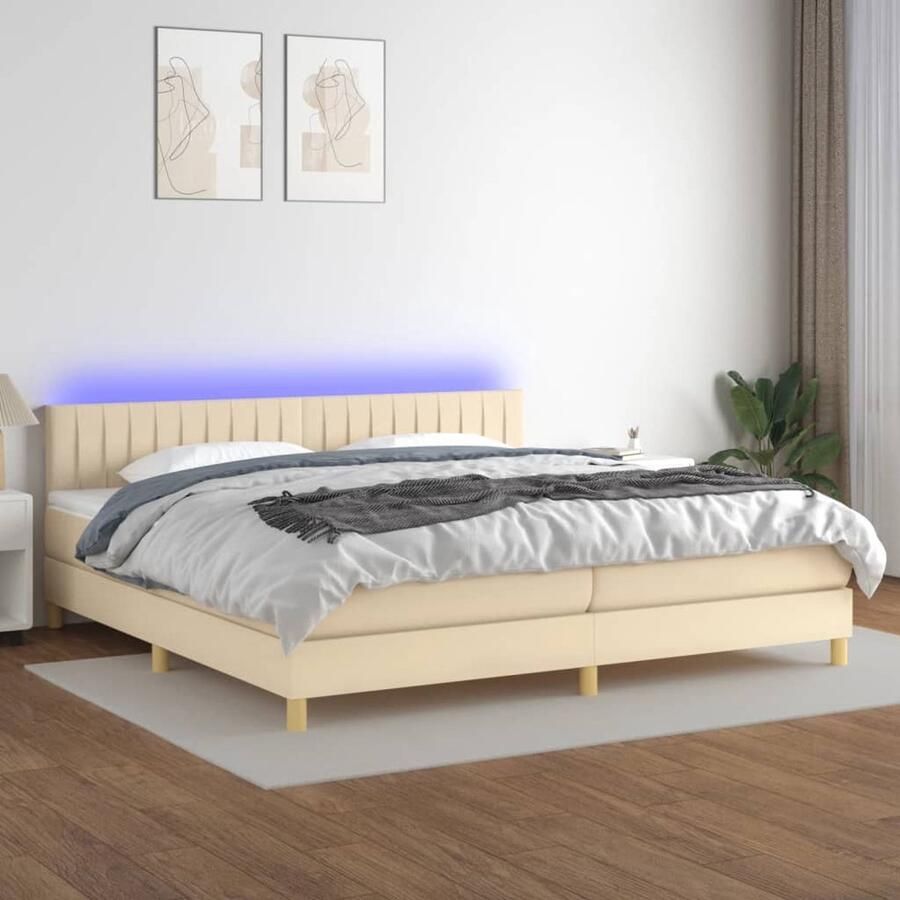 VidaXL Boxspring met LED Stof crème 200x200 cm Boxspring Pocketvering Matras Led Verlichting Adjustable Headboard Cremekleurig Slaapcomfort Bedroom Furniture - Foto 2