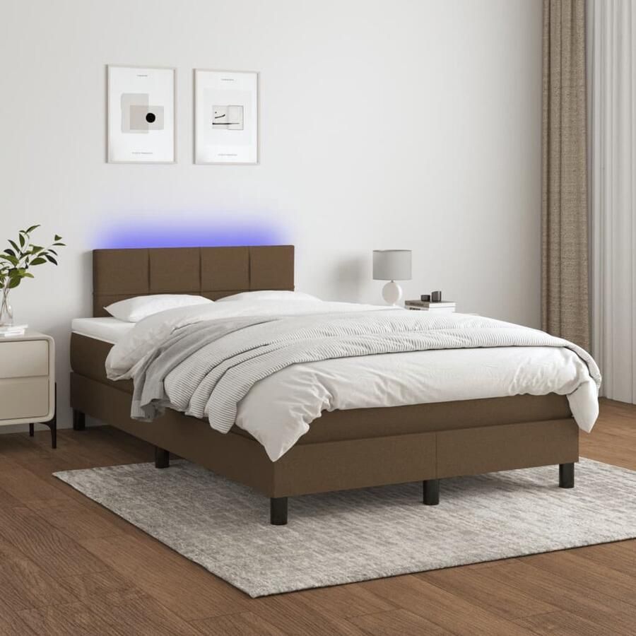 VidaXL Boxspring met LED Stof Donkerbruin 120x200 cm Boxspring Led Lamp Boxsprings Tweepersoonsbed Bruine Boxspring Lederlook Boxspring Slaapcomfort Bedroom Furniture - Foto 2