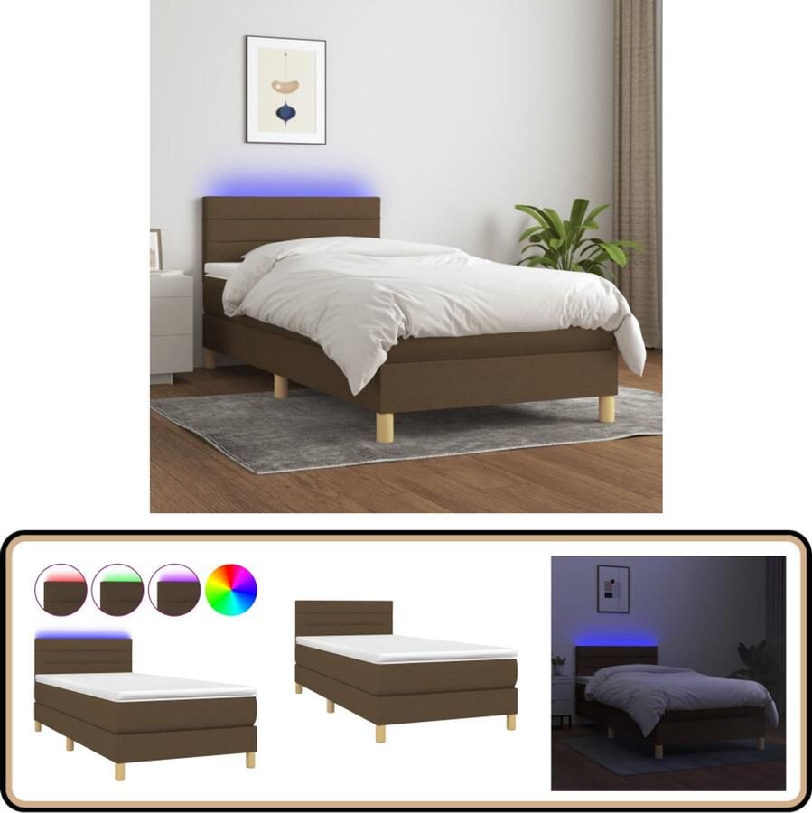 VidaXL Boxspring met LED Stof Donkerbruin 90x190 cm Boxspring Donkere Bruine Boxspring Led Boxspring Pocketveer Matras Boxspring Met Opbergruimte