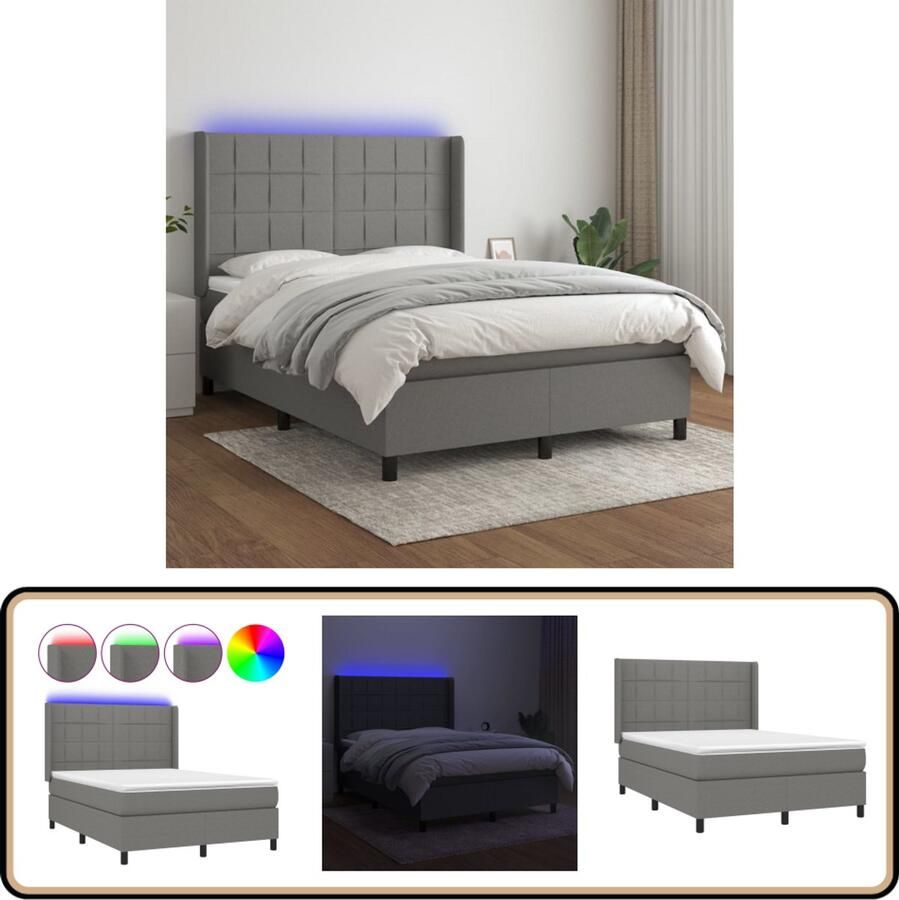 VidaXL Boxspring met LED Stof Donkergrijs 140x200 cm Boxspring Donkere Kleuren Led Lampen Pocketed Veren Hoofdbord