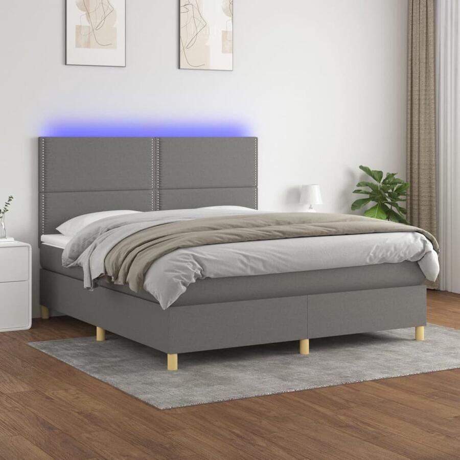 VidaXL Boxspring met LED Stof Donkergrijs 160x200 cm Boxspring Boxsprings Donkere Kleuren Grijs Bed Led Lampjes Elektrisch Verstelbare Hoofdbord Verstelbaar Hoofdbord Slaapcomfort Tweepersoonsbed - Foto 2