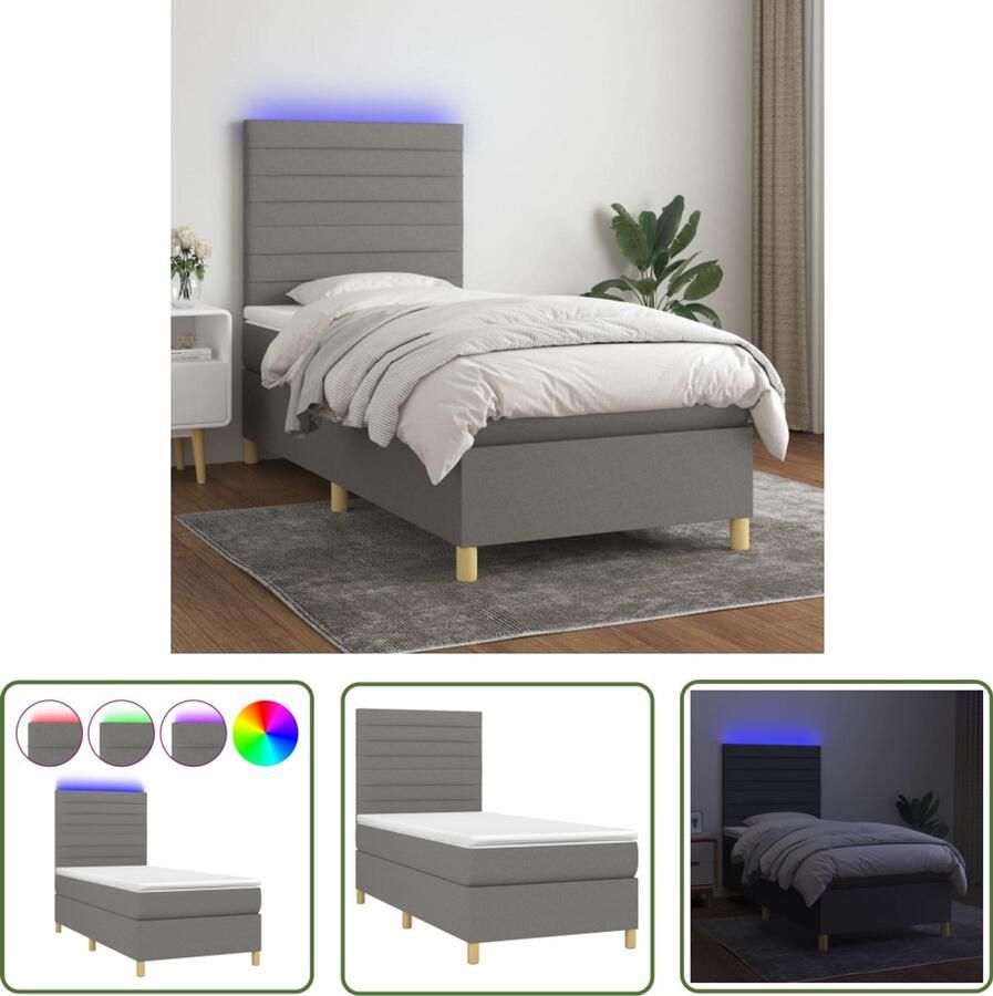 VidaXL Boxspring met LED Stof Donkergrijs 90x200 cm Boxspring Led Bed Donkere Kleuren Tweepersoonsbed Boxsprings Frame Bed Hoofdbord Matras Topper - Foto 2