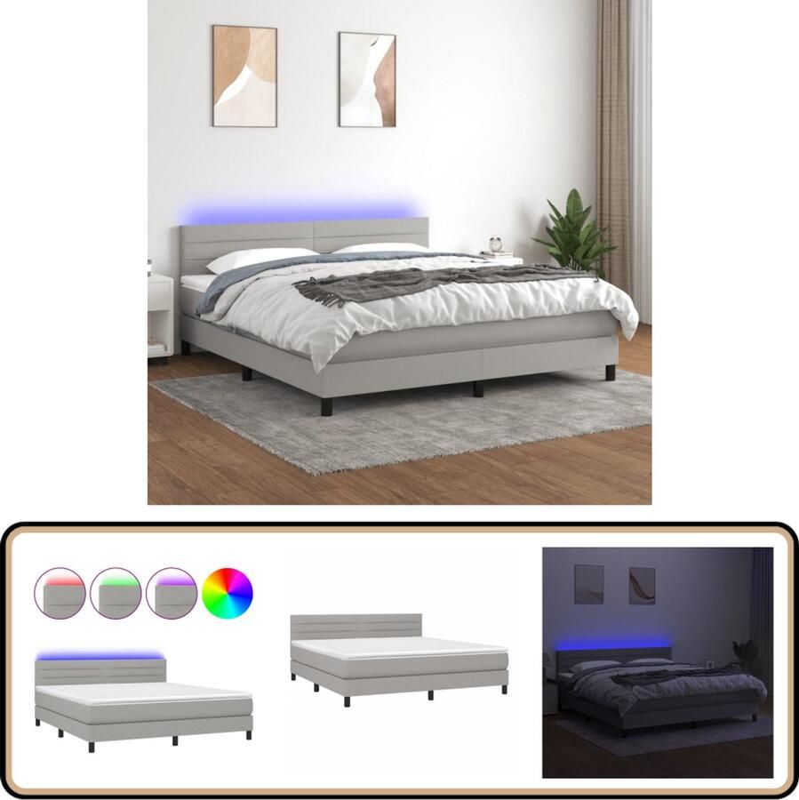 VidaXL Boxspring Met LED Stof Lichtgrijs 180x200 cm Boxspring Slaapcomfort Led Verlichting Grijs Tweepersoonsbed Pocketed Veren Adjustable Headboard